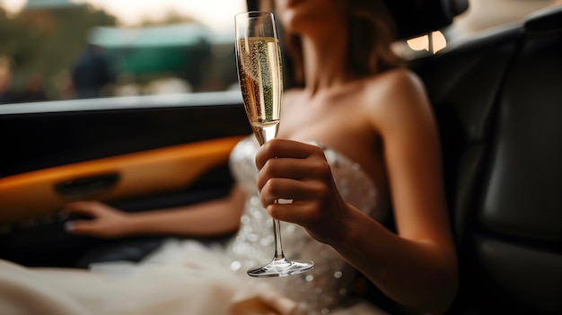 Una mujer adinerada con una copa de champaña en un coche de lujo El foco está en el vaso
