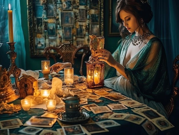 Mujer adivinando en las cartas del tarot ai geberative