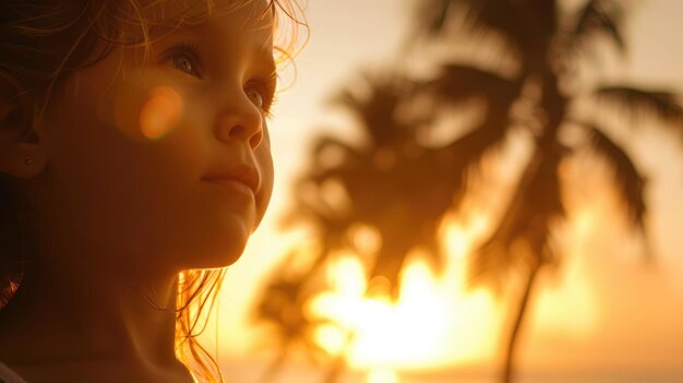 Foto una mujer admira la puesta de sol con siluetas de palmeras contra el cielo ardiente