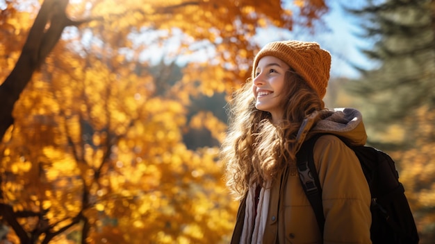 Mujer admirando la belleza del bosque dorado del otoño Creado con tecnología de IA generativa