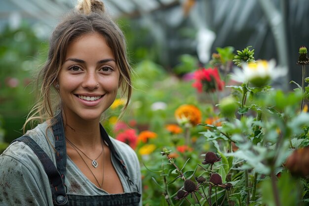 Mujer admirando el jardín lleno de flores