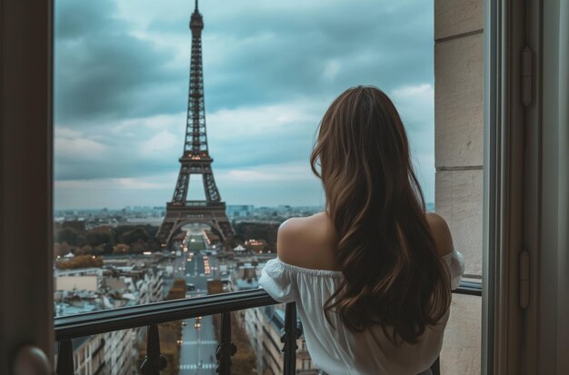 Mujer admirando la vista de la Torre Eiffel