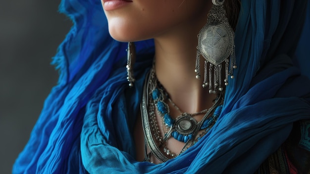 Mujer adornada con una bufanda azul y detalladas joyas de plata
