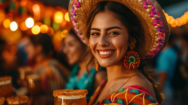 Una mujer adornada con coloridas ropas ornamentadas con un sombrero decorado celebrando en un festival