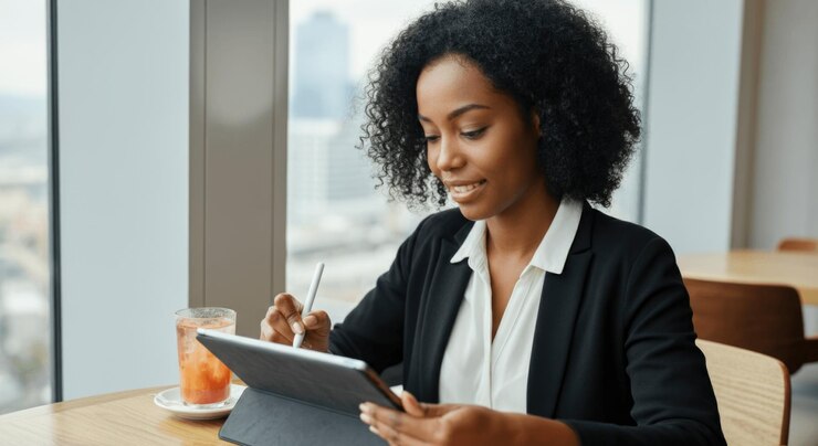 Mujer adulta africana usando una tableta en una oficina moderna con vista a la ciudad