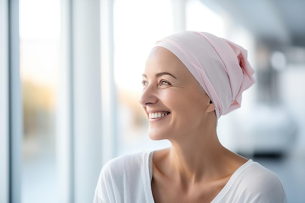 Mujer adulta calva positiva que lucha contra el cáncer generada por IA