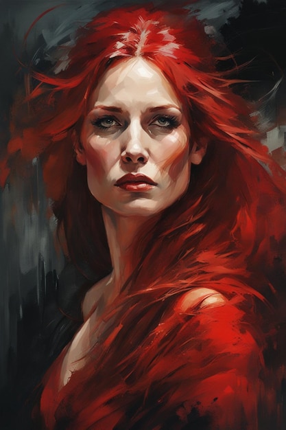 Mujer adulta caucásica alta y musculosa con largo cabello rojo vistiendo un vestido rojo en una atmósfera esotérica oscura