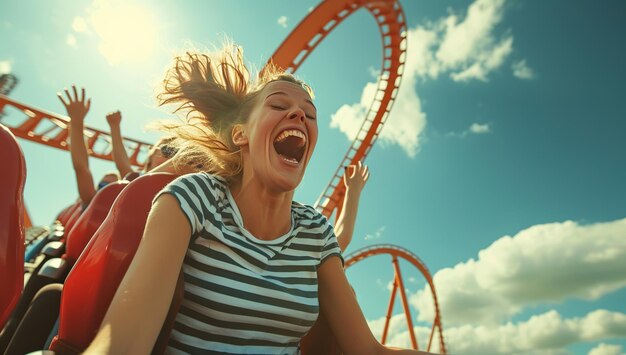 Mujer adulta gritando de alegría en una montaña rusa el concepto de adrenalina y diversión