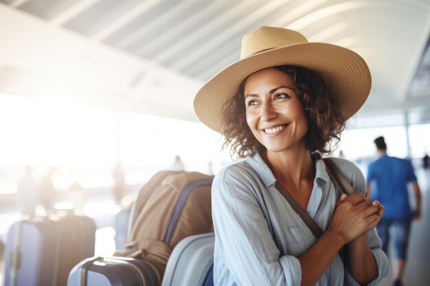 Foto mujer adulta hermosa expresión feliz viajero y concepto de aeropuerto ai generado