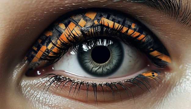 Mujer adulta joven de cerca mirando la cámara con ojos azules vibrantes generados por inteligencia artificial
