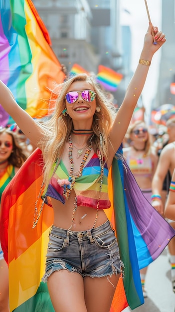 Mujer adulta joven en el Desfile del Orgullo LGBTQ Mensaje del Orgulloso Inteligencia Artificial Generativa