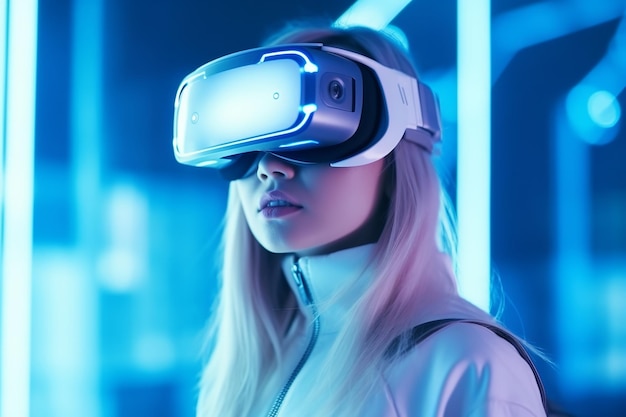 Mujer adulta joven con gafas de realidad virtual futuristas