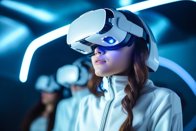 Mujer adulta joven con gafas de realidad virtual futuristas