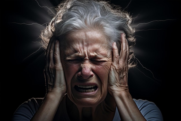 Mujer adulta con migraña o dolor de cabeza sosteniendo la cabeza debido al dolor generativo Ai