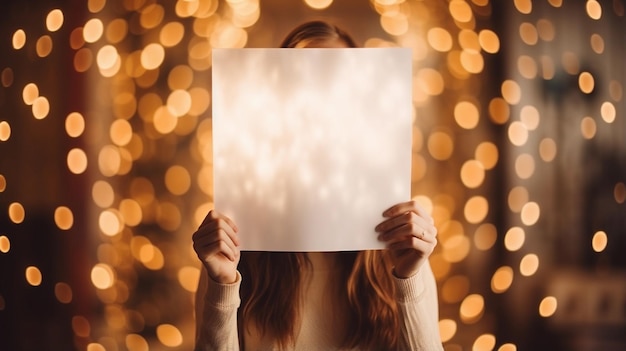 Foto una mujer adulta muestra una hoja blanca de papel en un fondo borroso