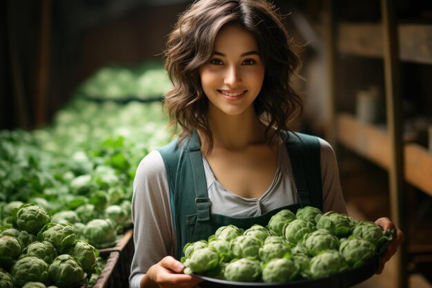 Una mujer adulta positiva cultiva repollo fresco orgánico y saludable en un invernadero