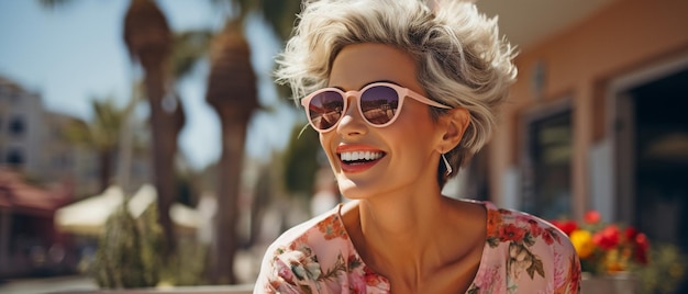 Una mujer adulta riendo con gafas de sol y mirando a la cámara Una mujer feliz y despreocupada de vacaciones