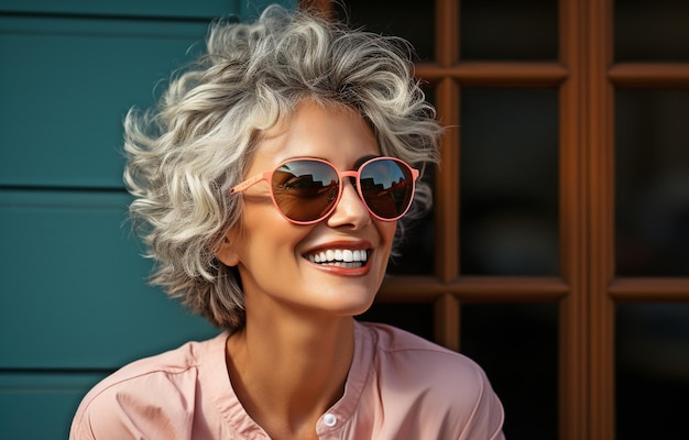 Una mujer adulta riendo con gafas de sol y mirando a la cámara Una mujer feliz y despreocupada de vacaciones