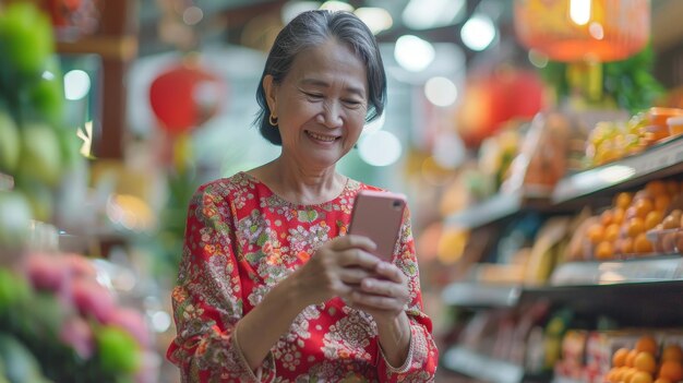 mujer adulta sonriente de apariencia asiática con teléfono inteligente en la mano en el concepto de pago del supermercado