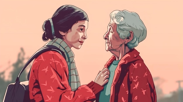 Una mujer adulta y su madre anciana IA generativa
