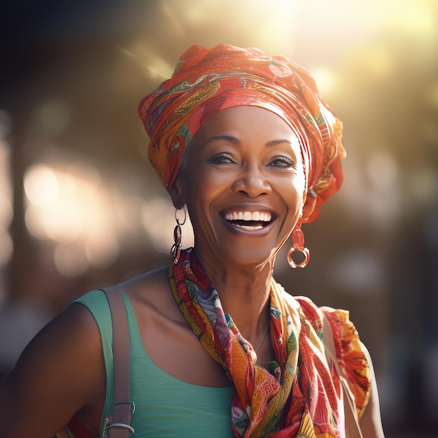 Foto una mujer de áfrica corre afuera en un día brillante generativo ai