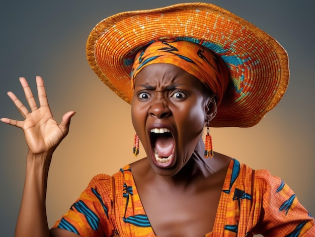 mujer africana de 40 años pose emocional dinámica