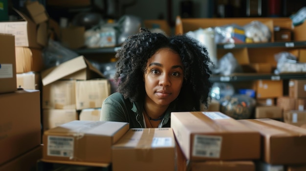 mujer africana en un almacén rodeado por un espacio de trabajo lleno de paquetes
