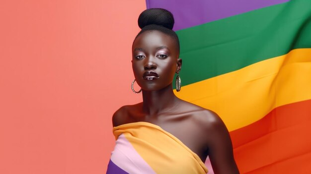 Mujer africana con bandera concepto del Mes del Orgullo LGBT