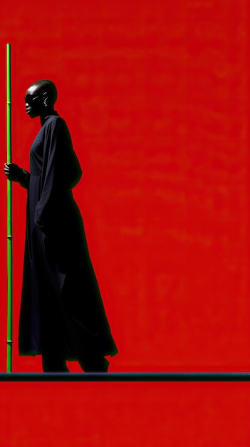 Mujer africana con un bastón de bambú sobre un fondo rojo