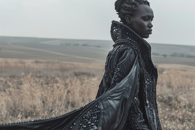 Mujer africana con una chaqueta larga estructurada