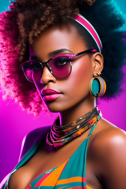 Una mujer africana con un colorido peinado y gafas de sol.