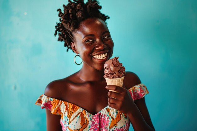 Mujer africana disfrutando de un helado de chocolate contra un fondo turquesa