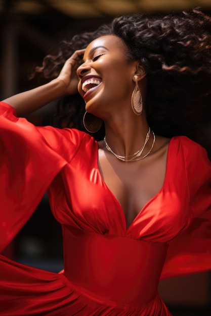 Mujer africana en elegante vestido rojo bailando muy feliz