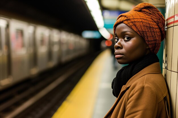 Mujer africana esperando en el metro.