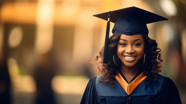 Una mujer africana feliz celebrando su éxito en la educación universitaria como estudiante o ex alumna Ilustración generativa de Ai