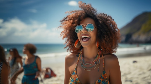 Foto mujer africana feliz con traje de baño y gafas de sol riendo en el día de la playa soleada