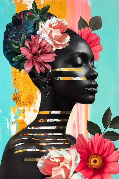 Mujer africana floral moderna con flores