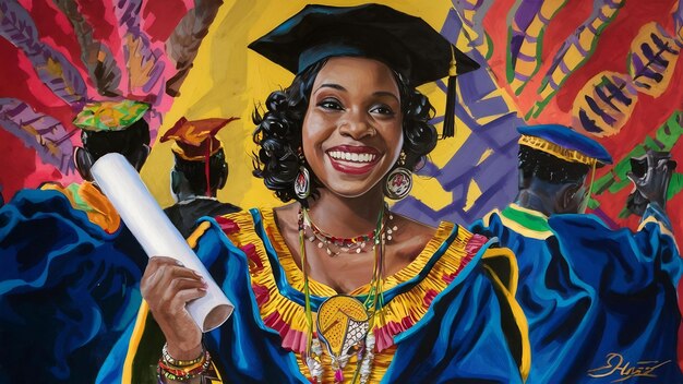 Una mujer africana graduada sonriendo con un diploma en la mano