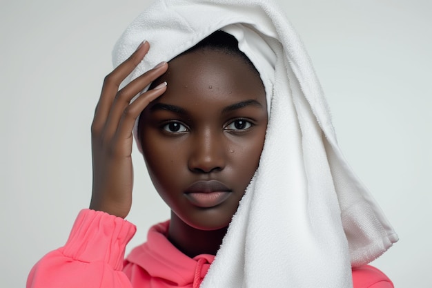 Una mujer africana joven con una sudadera rosada con una toalla blanca envuelta alrededor de su cabeza tocando su frente con gracia