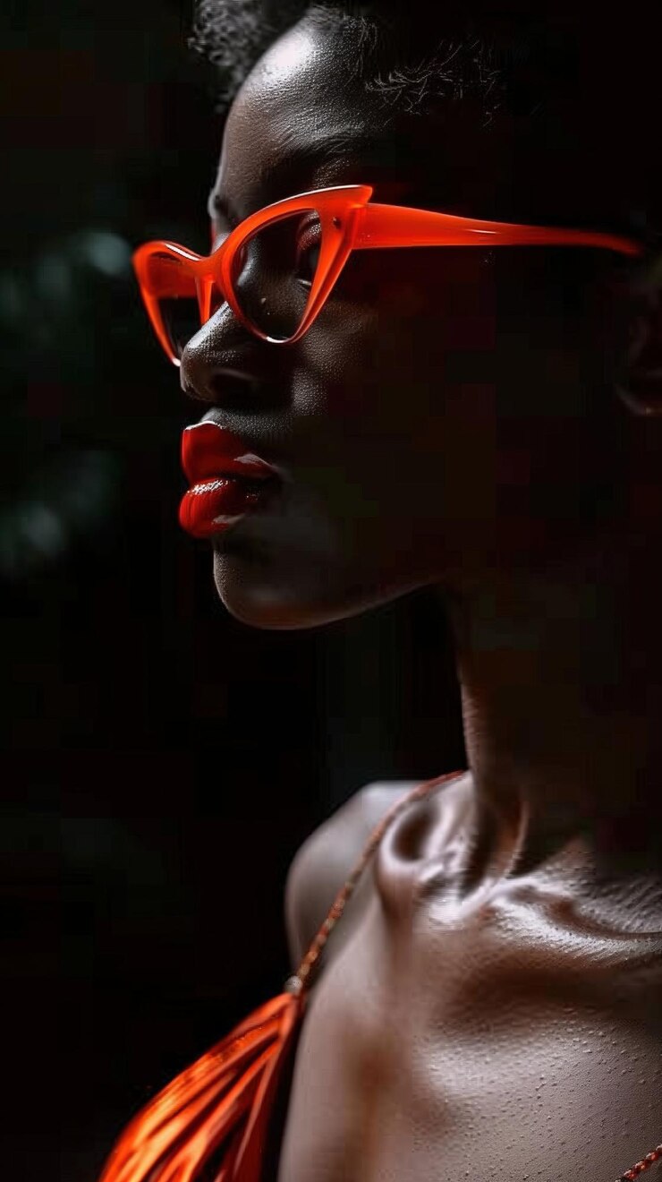 Mujer africana llamativa y elegante con gafas rojas audaces e iluminación dramática