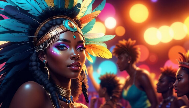 Mujer africana con maquillaje y plumas en la cabeza en el concepto de carnaval nocturno