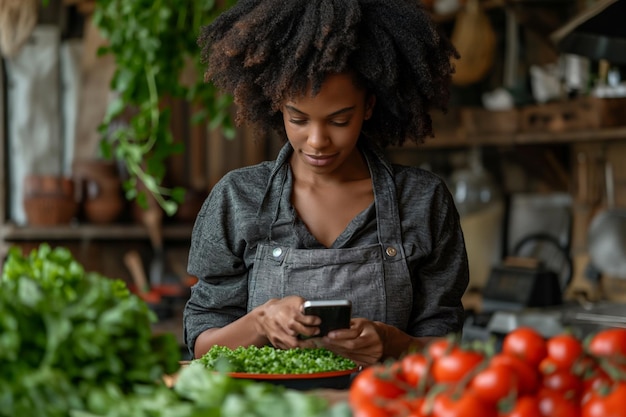 Mujer africana mirando la receta en el teléfono mientras cocina