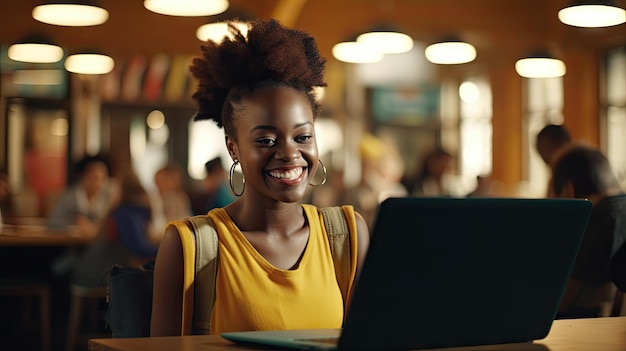 Una mujer africana moderna con una expresión agradable mientras opera una computadora portátil