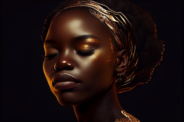 Mujer africana una mujer de piel oscura con maquillaje dorado Retrato artístico