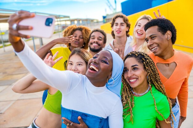 Mujer africana musulmana alegre tomando una selfie con amigos