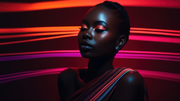 Mujer africana negra posando en estudio con luces de colores generadas por IA
