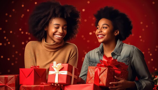 Mujer africana negra recibiendo regalos concepto de Navidad y Año Nuevo