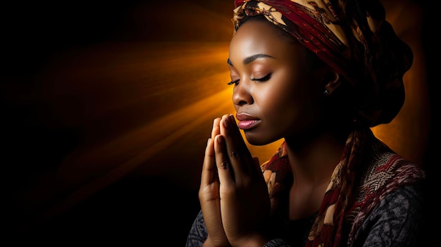 Mujer africana orando a Dios en la fe cristiana hermosa niña negra en la oración religión y