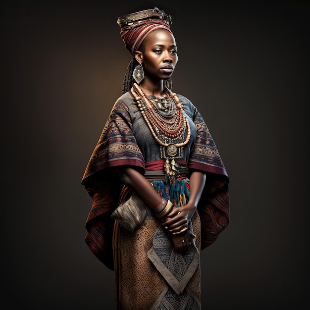 Mujer africana posando con su vestido tribal tradicional Adornos ancestrales generados por Ai