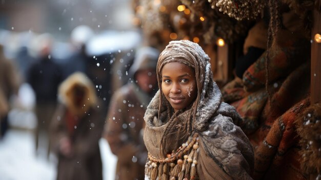 Foto mujer africana con ropa tradicional experimentando la nieve que cae en el entorno de la aldea